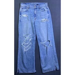 Amercian Eagle Jeans 8 Womens Super High Rise Baggy Wide Leg Grunge Distressed